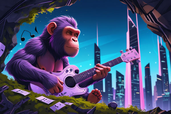 Cartoon ape guitarist in a cave, with a cityscape symbolizing AI in the background, illustrating AI's role for musicians