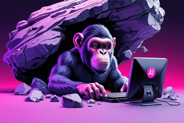 An ape working on an AI-powered laptop in a cave, representing how musicians can use AI tools to modernize their workflow.