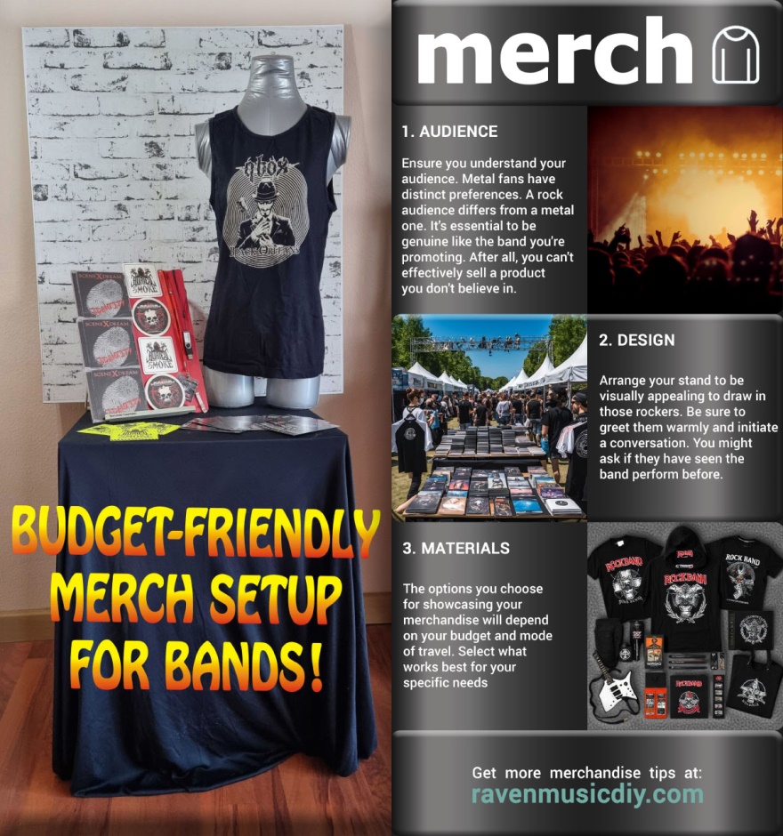 DIY merch table with black sheet, mannequin torso, gitter wall, and band items on display.