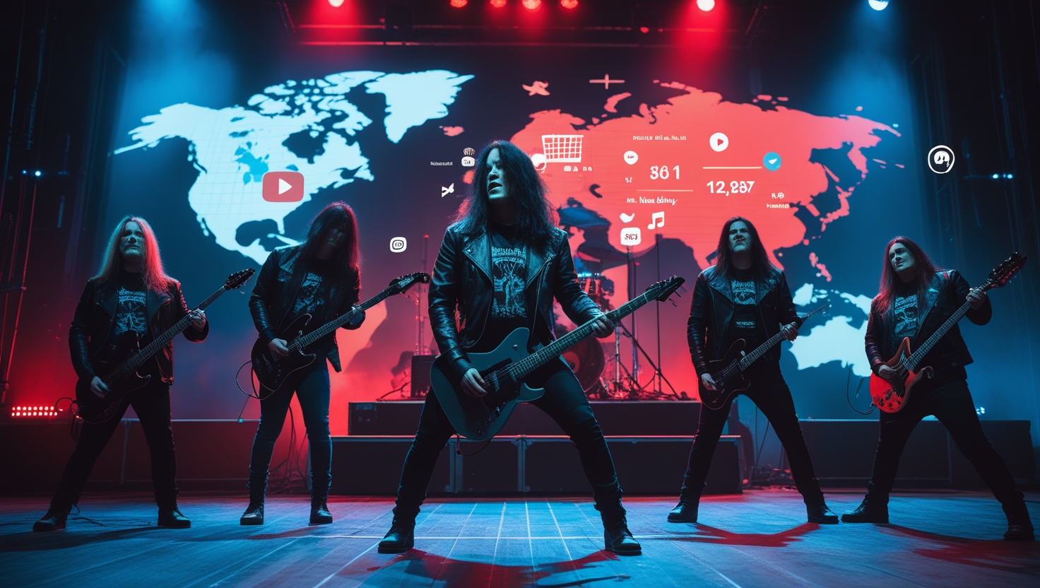 Rock and metal band performing onstage with dramatic lighting, surrounded by glowing Spotify charts, social media icons, and a global fan map—illustrating how Viberate helps DIY musicians track and grow their audience through music analytics.