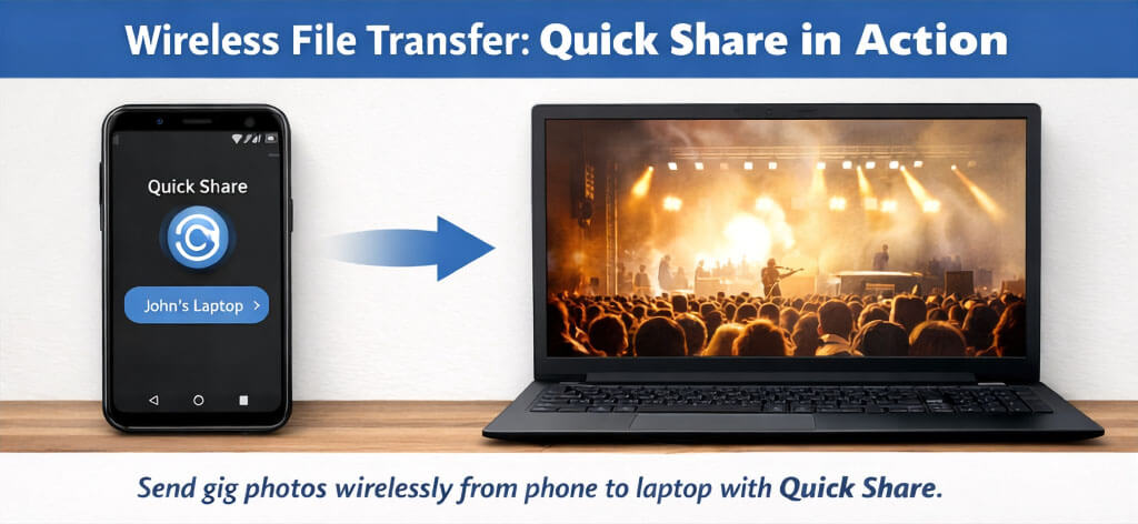 Samsung Quick Share wireless file transfer for musicians sending gig photos to laptop without USB-C