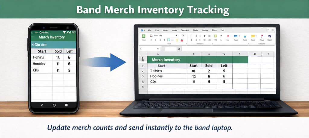 Band merch inventory tracking using wireless file transfer from phone to laptop spreadsheet