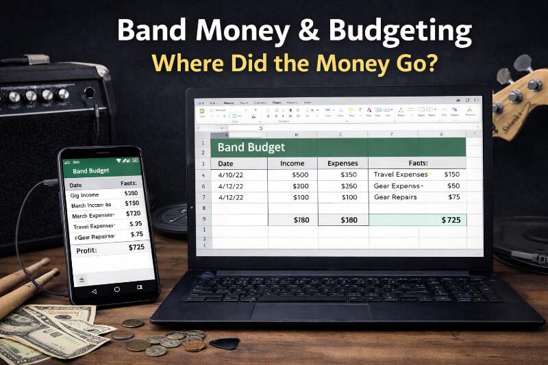 Band budget spreadsheet on laptop and phone tracking income and expenses for musicians