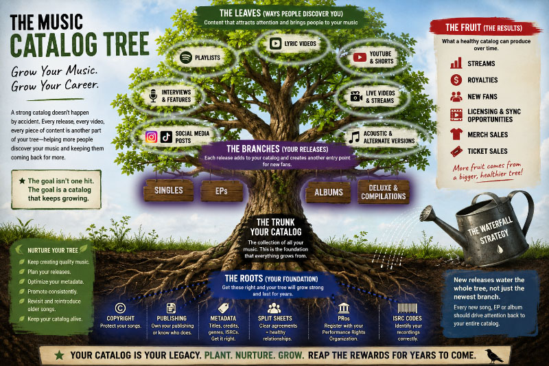 Music catalog tree illustration with roots for publishing and copyright, trunk for the catalog, branches for releases, leaves for music discovery, water for release strategy, and fruit for royalties and other results.
