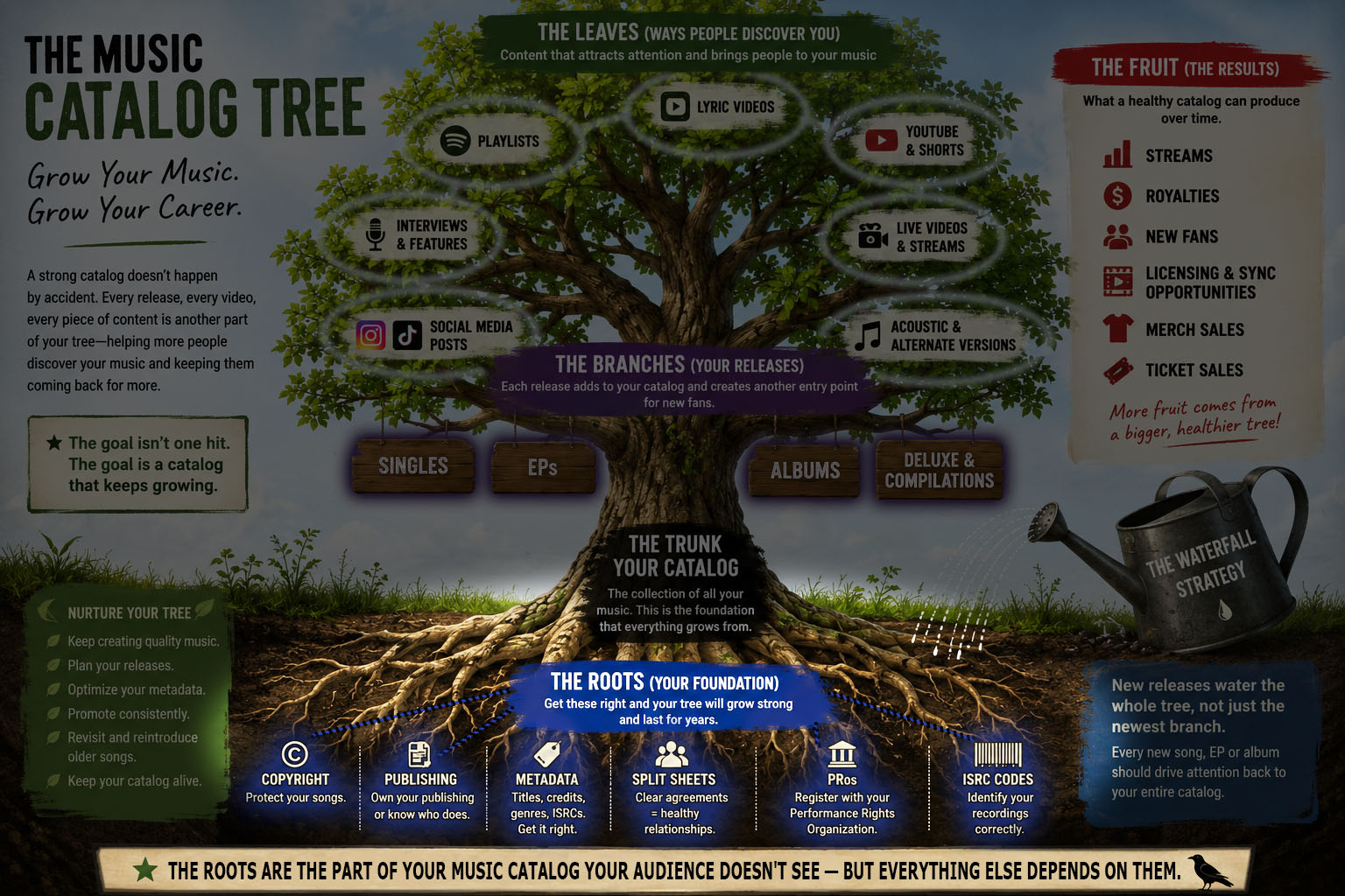 Illustration of a music catalog tree with the roots highlighted, representing copyright, publishing, songwriter information, splits, metadata, ISRCs, and registrations.