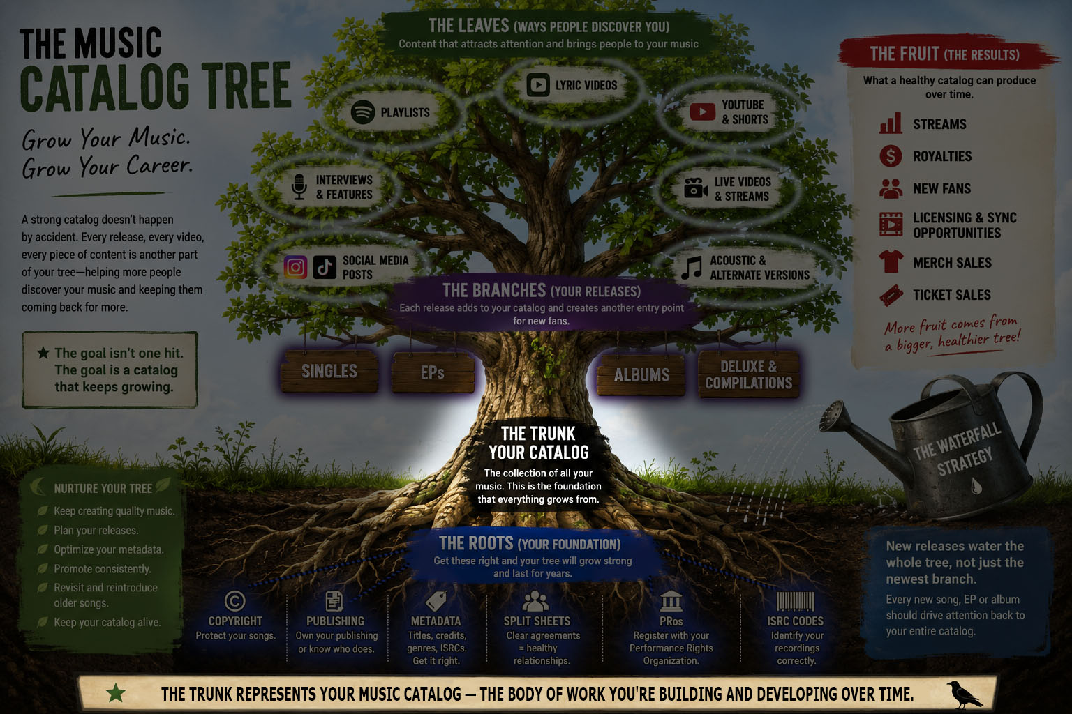 Illustration of a music catalog tree with the trunk highlighted, representing the artist's music catalog and body of work, including singles, EPs, albums, and recordings.